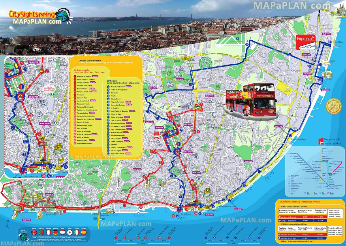Plan du Hop On Hop Off bus tours de Lisbon